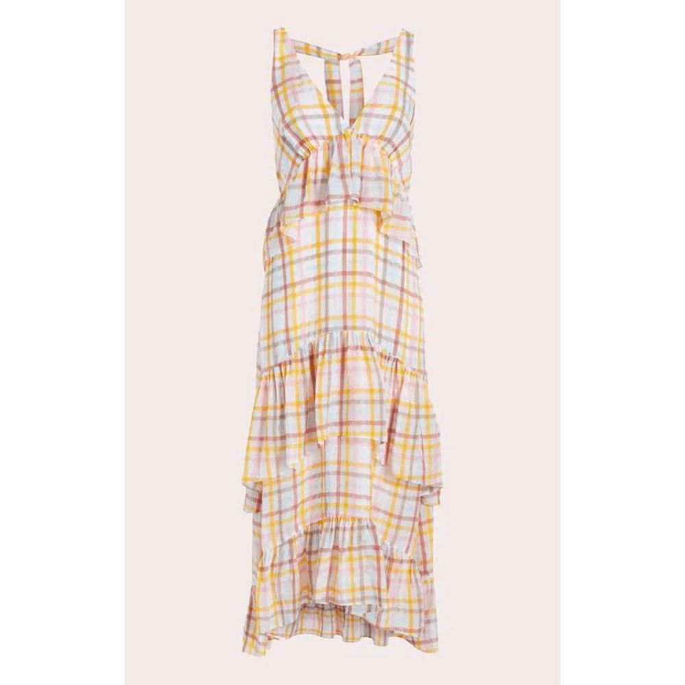 NWT CINQ À SEPT Astor Sleeveless Tiered Plaid Maxi Dress in Size 10 White Multi - Picture 4 of 7